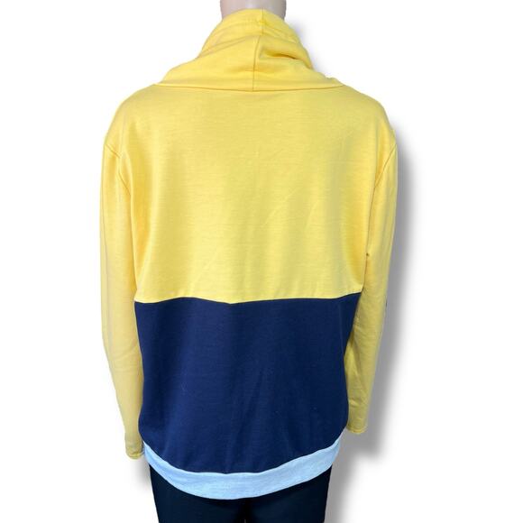 Boutique Womens Sweatshirt Pullover Drawstring Cowl Neck Colorblock Blue Yellow - Picture 3 of 11